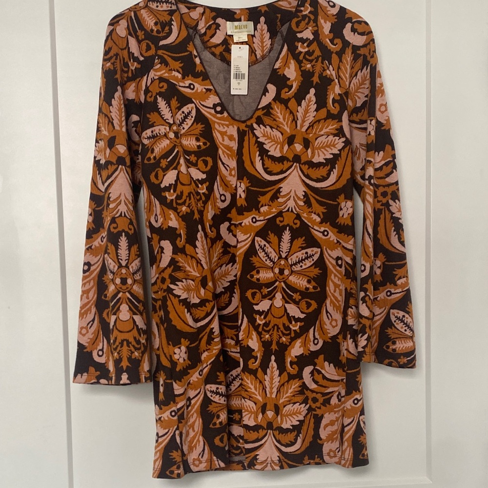 NWT Maeve/ Anthropologie Brown, Pink & Orange Printed Long Sleeve Tunic Dress